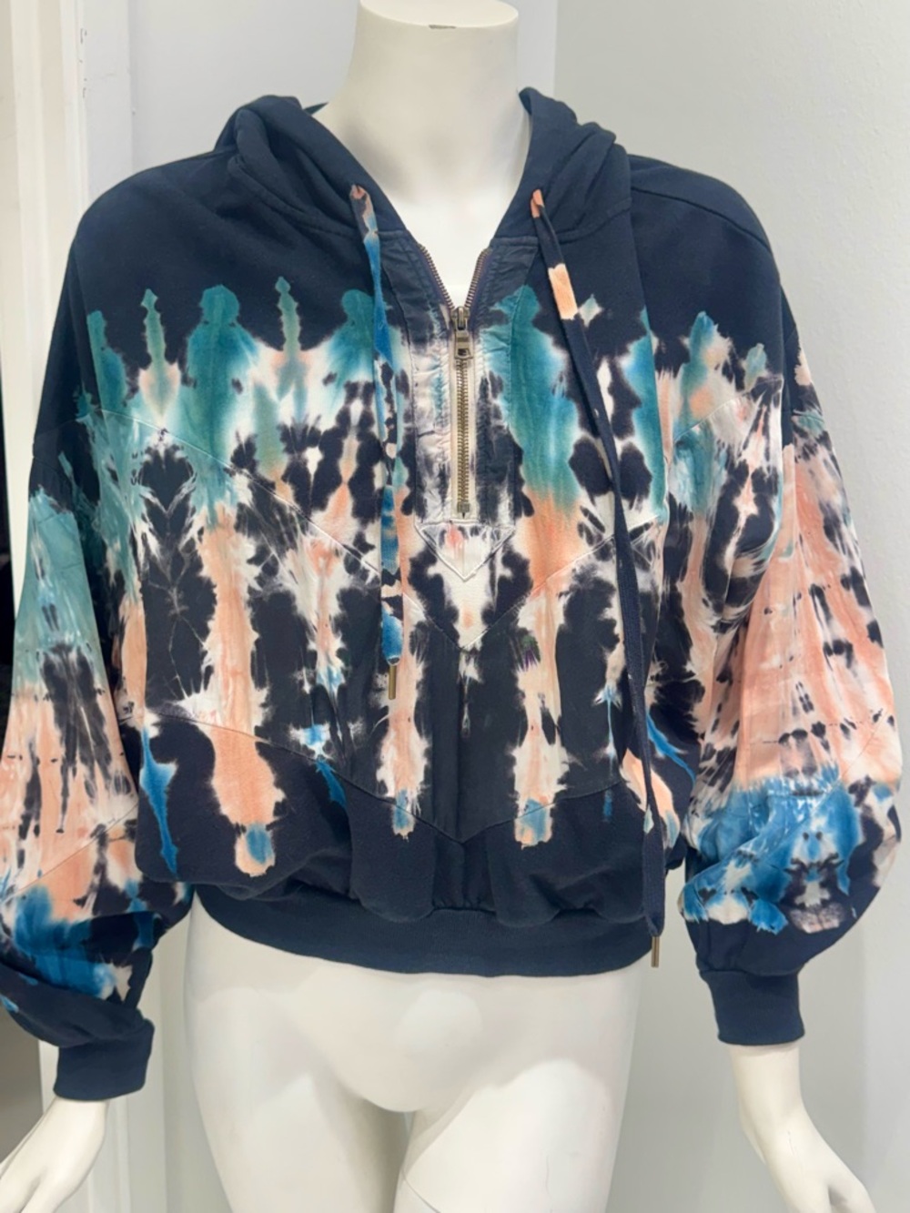 YFB tie dye sweatshirt in black, teal, cream, and apricot. Size XS